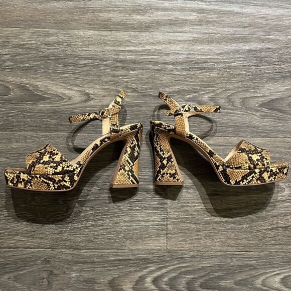 Katy Perry Size 8 38 Square Platform Sandals Snake Print Brown Tan Chunky Heels - Picture 10 of 14